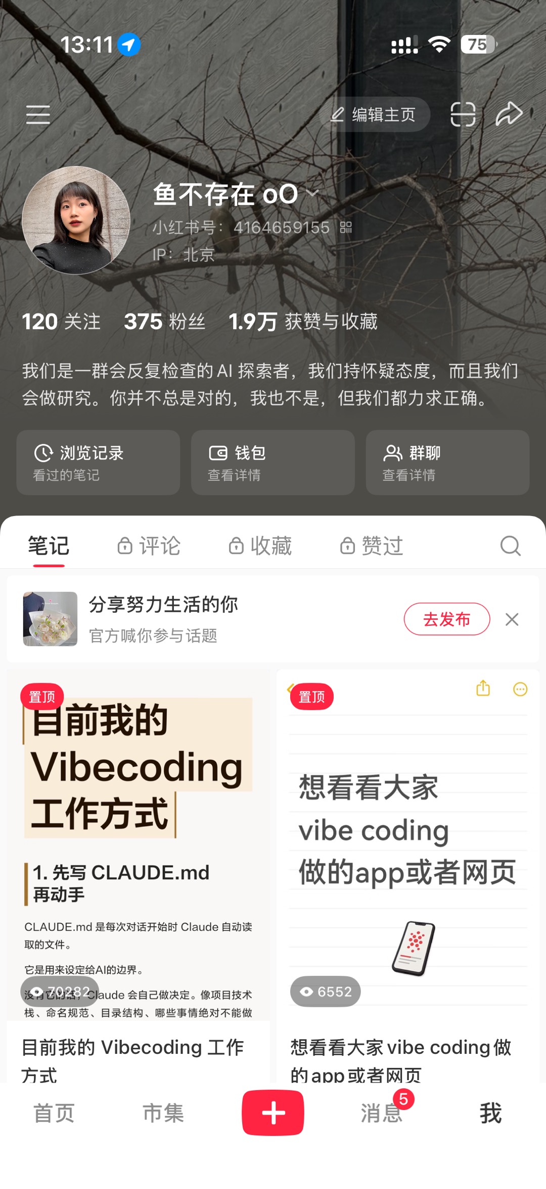个人小红书账号页面